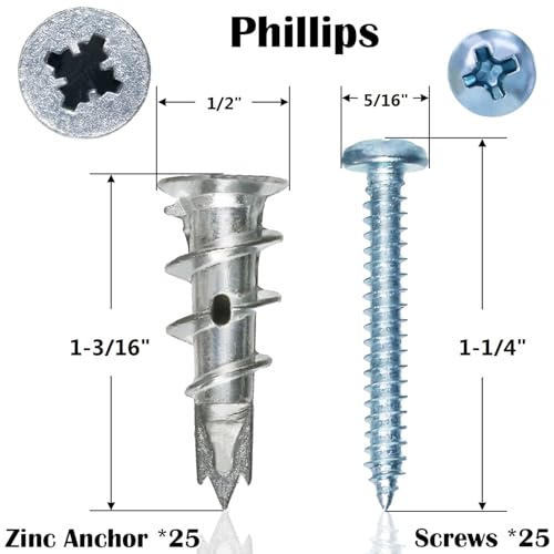 Zinc Self-Drilling Drywall Anchors with Screws Kit, 25 Heavy Duty Metal Wall Anchors and 25#8 x 1-1/4'' Screws - 50 Pieces All Together