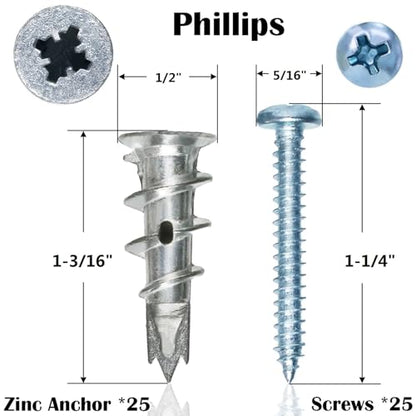 Zinc Self-Drilling Drywall Anchors with Screws Kit, 25 Heavy Duty Metal Wall Anchors and 25#8 x 1-1/4'' Screws - 50 Pieces All Together