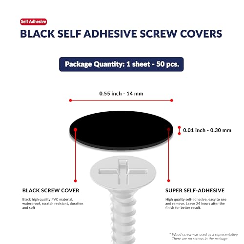 Black Self-Adhesive Screw Hole Stickers - 50 pcs. 0.55 inch / 14 mm Peel Stick Dust Proof Tape, Water Resistance PVC Caps for Wood Cabinets, Furniture, Drawer, Wardrobe, Kitchen, Table - color: Black, size: 0.55 inch - 14 mm
