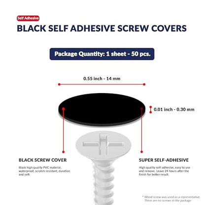 Black Self-Adhesive Screw Hole Stickers - 50 pcs. 0.55 inch / 14 mm Peel Stick Dust Proof Tape, Water Resistance PVC Caps for Wood Cabinets, Furniture, Drawer, Wardrobe, Kitchen, Table - color: Black, size: 0.55 inch - 14 mm