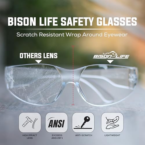 BISON LIFE Clear Safety Glasses – ANSI Z87.1 Scratch & Impact Resistant Wrap Around Eye Protection Goggles for Men & Women - color: Clear/Clear