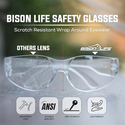 BISON LIFE Clear Safety Glasses – ANSI Z87.1 Scratch & Impact Resistant Wrap Around Eye Protection Goggles for Men & Women - color: Clear/Clear