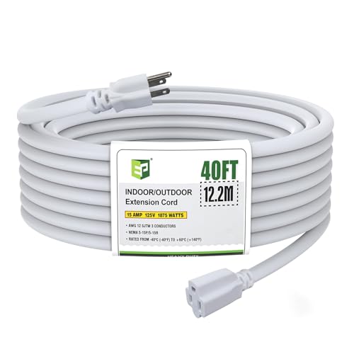 EP 12/3 40 FT Indoor Outdoor White Extension Cord Waterproof, 12 Gauge 3 Prong Power Cord Flexible Resistant Appliance Extension Cable Electric Cable Outside, 15A 1875W 12AWG SJTW, ETL Listed - color: White, size: 40ft