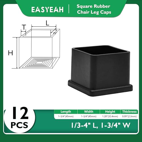 EASYEAH 1-3/4" (45mm) Square Chair Leg Floor Protectors, Black Rubber Chair Leg Caps, Non-Slip Patio Furniture Feet Cap, PVC Chair Feet Covers for Hardwood Floors, Tables & Patio Furniture, 12pcs - size: 1-3/4" x 1-3/4"