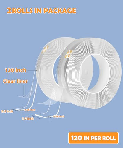 2 Rolls Double Sided Tape Heavy Duty - 240" x 1.0" & 0.5" - Removable Mounting Tape for Poster Picture Hanging Carpet Strip Rug Wall Outdoor - Clear & Strong Nano Tape Adhesive Multipurpose - 20 Feet