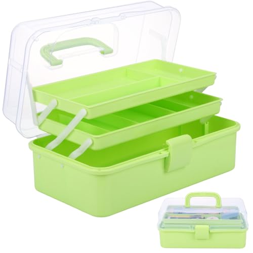 Small Toolbox with Handle, Tackle Box 3-Layer Craft Organizers, Portable Folding Plastic Tool Box for Sewing Supplies, Medicine, Art Supplies, Nails and Hair Accessories(Green) - color: Green