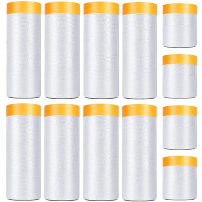 12 Pack Tape and Drape, 3 Sizes Pre-Taped Masking Film Plastic Sheeting Cover Roll, 65.6 Ft/Pack Automotive Painters Masking Tape Film for Furniture, Floor, Skirting - size: 3 Sizes x 65.6 Foot - 12 Rolls