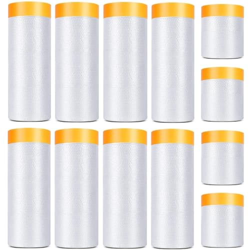 12 Pack Tape and Drape, 3 Sizes Pre-Taped Masking Film Plastic Sheeting Cover Roll, 65.6 Ft/Pack Automotive Painters Masking Tape Film for Furniture, Floor, Skirting - size: 3 Sizes x 65.6 Foot - 12 Rolls