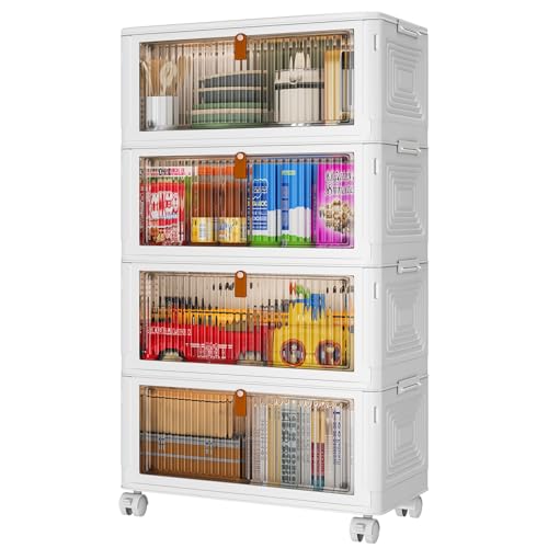 YFXCVSL 4 Tier Plastic Storage Bins with Lid 36QT, Stackable Storage Containers with Wheels, Folding Storage Boxes, Stackable Storage Bins, Organizers and Storage for Living Room,Office,Dorm - size: 4-tier 36qt