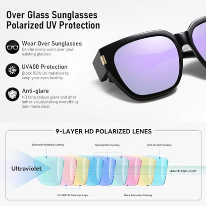 HAOLOTA Polarized Fit Over Glasses Sunglasses for Women Men Trendy Square Wrap Around Shades UV Protection - color: L Size 17 Black/Purple