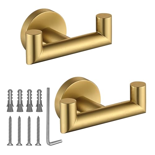 Towel Hooks for Bathrooms, Gold Towel Hook for Kitchen Bathroom, SUS304 Stainless Steel Coat Hook, Heavy Duty Double Towels Holder Hooks for Hanging Towels, Coats,sponges, Clothes, Wall Mount, 2 Pack - color: Brushed Gold, size: 2 Pack