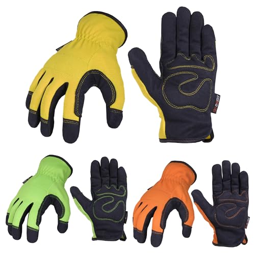 SKYDEER 3-Pairs Pack Durable Leather Work Gloves for Gardening and General Work (SD8809/M) - color: 3 Pairs Green Yellow Orange, size: Medium