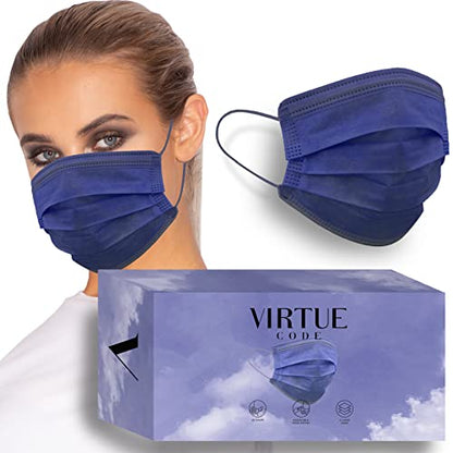 VIRTUE CODE On The Go Curved Face Masks - Soft 3 Ply Comfort 50 Disposable Face Masks - color: Blue