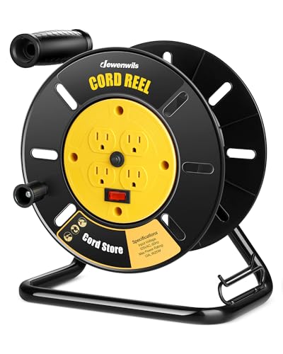 DEWENWILS Extension Cord Storage Reel with 4-Grounded Outlets, Heavy Duty Open Cord Reel for 12/3,14/3,16/3 Gauge Power Cord, Hand Wind Retractable, 13A Circuit Breaker, Yellow, ETL Listed - color: 13a/1625w-yellow