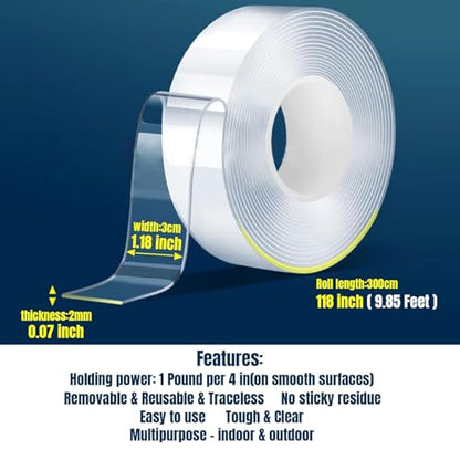 Double Sided Tape Heavy Duty,Multipurpose Clear Mounting Tape Picture Hanging Adhesive Strips, 10FT Removable Strong Sticky Strips Carpet Nano Tape Poster Two Sided Tape
