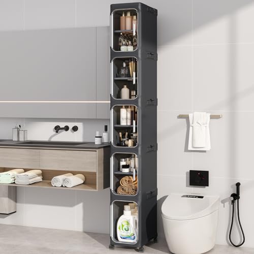 KHNR 5-Tiers Slim Bathroom Storage Cabinet, Foldable Storage Cabinets,Narrow Bathroom Storage,Movable Bathroom Storage Organizer for Small Spaces,Bathroom,Kitchen,Laundry,Black - color: Black, size: 5-Tiers