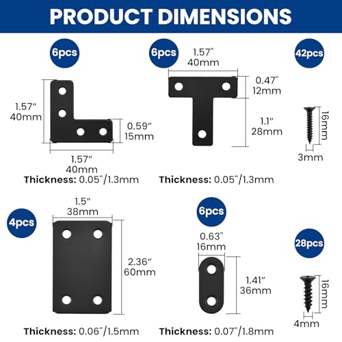 22 Pack Stainless Steel Fixing Flat Bracket Set Including Right Angle Brace Flat Straight Brace L Corner Brackets T-Shape Corner Brace with Screws ( Black )
