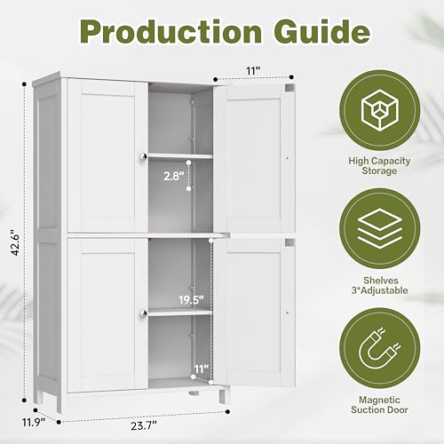 Nuturelly Bathroom Floor Storage Cabinet, Freestanding Pantry Cabinets with 4 Doors & 3 Adjustable Heights, Bathroom Organizers and Storage Waterproof Board & Metal Handles for Kitchen, Creamy White