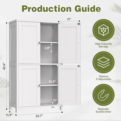 Nuturelly Bathroom Floor Storage Cabinet, Freestanding Pantry Cabinets with 4 Doors & 3 Adjustable Heights, Bathroom Organizers and Storage Waterproof Board & Metal Handles for Kitchen, Creamy White