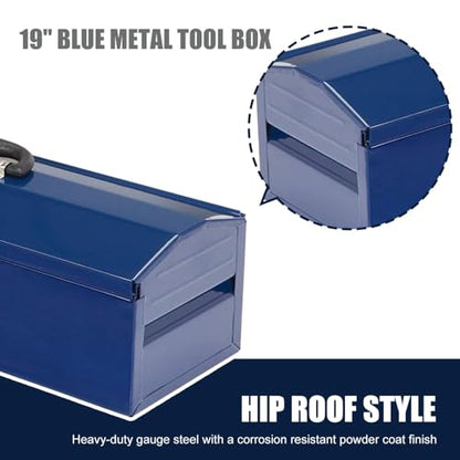 19" Portable Tool Box, Metal Tool Box, Hip Roof Style, Ideal for Trailer, Mechanic, DIY-ers, Car Toolbox, Workshops, Garages, Repair Shops,Blue - size: 1P-19in-Blue