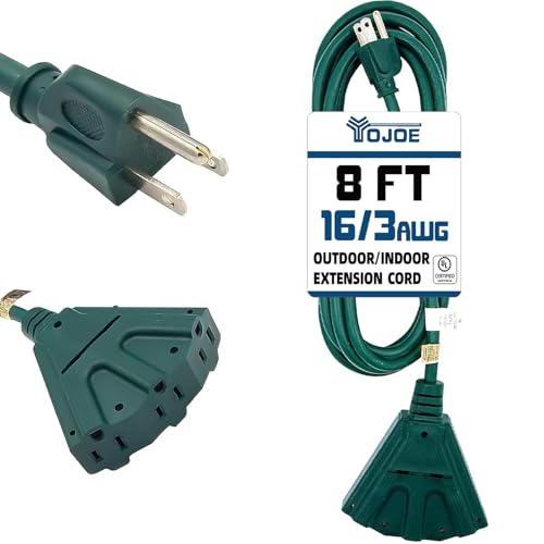 YOJOE 3-Outlets Indoor Outdoor Extension Cord, 3 Prong 13A Weatherproof Power Cord Multiple Outlets, 16 Gauge Heavy Duty 8 ft Green Extension Cord for Garage, Garden, 16/3 SJTW UL Listed - color: Green, size: 8 Foot, style: Standard