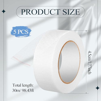 Pushglossy 5 Rolls Drywall Joint Tape 1.8 Inches x 492 ft Self Adhesive Fiberglass Mesh Drywall Joint Tape White Heavy Duty Wall Crack and Seam Patch for Repairing Joining Finishing
