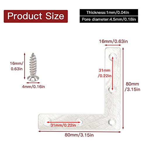 20pcs 3 x 3 Inch Silver L Flat Shape Braces Corner Bracket, 80x80 mm Decorative Corner Brackets Mending Plate, Stainless Steel 90 Dgree Angle Bracket for Wood Furniture Fixing - size: Silver 80x80 mm