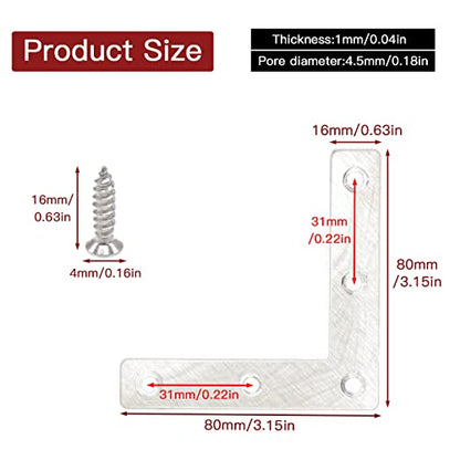 20pcs 3 x 3 Inch Silver L Flat Shape Braces Corner Bracket, 80x80 mm Decorative Corner Brackets Mending Plate, Stainless Steel 90 Dgree Angle Bracket for Wood Furniture Fixing - size: Silver 80x80 mm