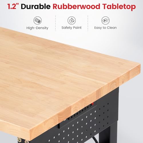 ENJOYWOOD 96" x 24" Heavy Duty Workbench Adjustable Height Garage Work Table with Solid Rubberwood Top, Extended Pegboards & Power Outlets for Workshop, Home & Office - size: 96 Inch