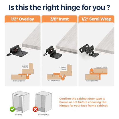 4 Pack (2 Pairs) 1/2" Overlay Cabinet Hinges, Matte Black Self-Closing Semi-Concealed Partial Wrap Face Frame Hinges for Cabinet Doors - color: Matte Black