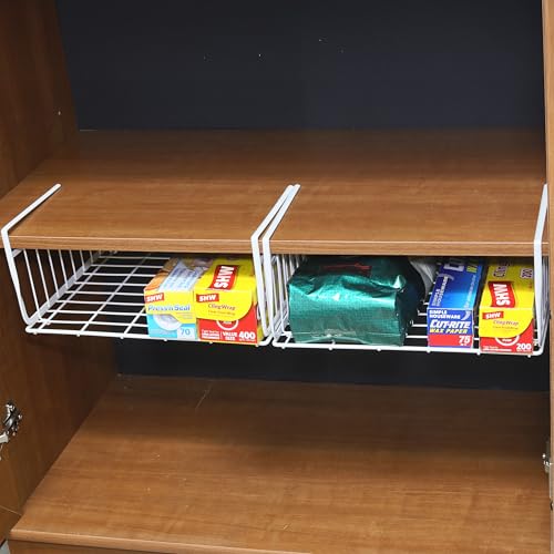 Simple Houseware Under Shelf Basket, White – 2-Pack Space-Saving Storage Organizer for Kitchen, Pantry, Closet, Office – Wire Metal Shelf Organizer, No Tools Required - size: 2 Pack