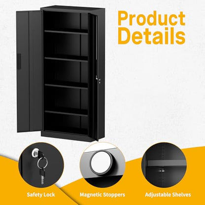Metal Storage Cabinet with 2 Doors and 4 Adjustable Shelves, 72" Garage Storage Cabinet with Lock, Tall Garage Cabinets for Office, Home, Garage, Gym, School - size: 72.05"H x 17.72"D x 35.43"W