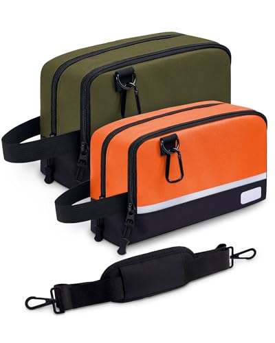 2 Pack Small Tool Bags Zipper Pouch for Organizing, with Adjustable Shoulder Strap & Carabiner, Utility Small Tool Pouch with Multi Pocket Compartments and Label Area (12" & 10") - color: Orange/Green