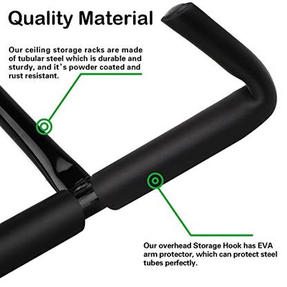 2 Set Overhead Garage Storage Rack, Heavy Duty Overhead Storage Double Hook, Ceiling Mount Hanger Safe Racks Hooks, Hanging for Lumber Ladder Storage & Other Bulky Items (Pack of 2 - Black) - size: Width 16.5in/42cm 2 Pack