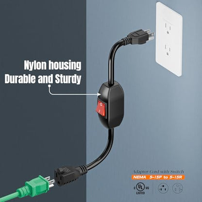 Inline On/Off Switch Extension Cord, Plugrand 3-Prong Household Switchable Power Cords, Heavy Duty 15A 125V, Double Break Switch Extension Cable, 40CM Cord