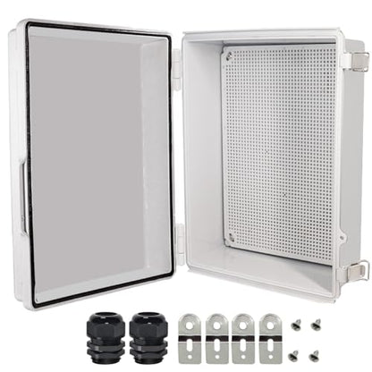 Zulkit Junction Box,IP67 Waterproof Electrical Box Hinged Cover Stainless Steel Buckle Plastic Enclosure for Project w Mounting Plate Wall Bracket and 2 Cable Gland Grey 15"x11"x5.1"/380x280x130mm - color: Grey Cover, size: 15"x11"x5.1"