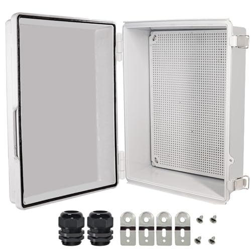 Zulkit Junction Box,IP67 Waterproof Electrical Box Hinged Cover Stainless Steel Buckle Plastic Enclosure for Project w Mounting Plate Wall Bracket and 2 Cable Gland Grey 15"x11"x5.1"/380x280x130mm - color: Grey Cover, size: 15"x11"x5.1"