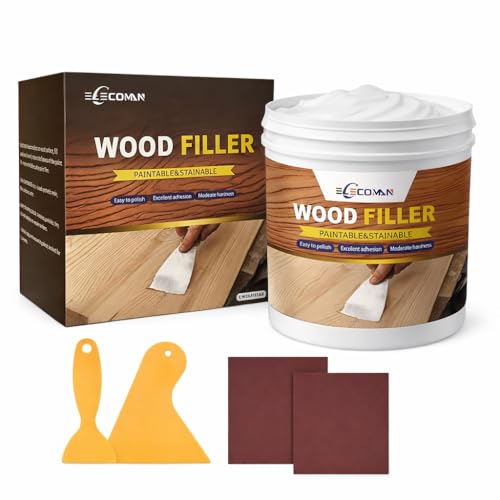Wood Filler Repair Kit 16oz White – Paintable & Stainable Wood Putty Filler for Furniture, Doors & Floors, Exterior Water-Resistant Wood Crack & Hole Filler with Scrapers, Sandpaper & Gloves