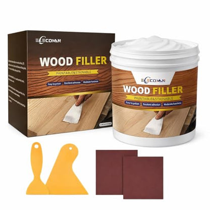 Wood Filler Repair Kit 16oz White – Paintable & Stainable Wood Putty Filler for Furniture, Doors & Floors, Exterior Water-Resistant Wood Crack & Hole Filler with Scrapers, Sandpaper & Gloves