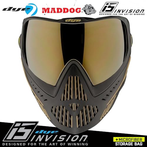 Maddog Dye i5 Thermal Anti-Fog Paintball Airsoft Mask Goggle System Combo with Microfiber Bag | Safety Certified Protection - color: Onyx Gold 2.0
