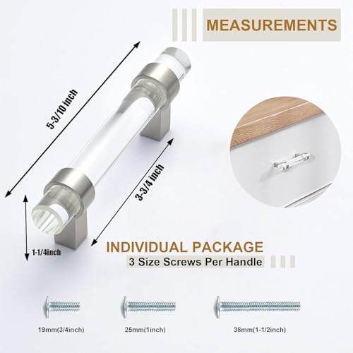5 Pack Cabinet Handles, Crystal Drawer Pulls 3-3/4 inch Hole Center, Kitchen Cabinet Pulls Glass Dresser Pulls, Brushed Nickel - color: Brushed Nickel, size: Hole Center : 3-3/4 Inch (96mm), style: 5 Pack