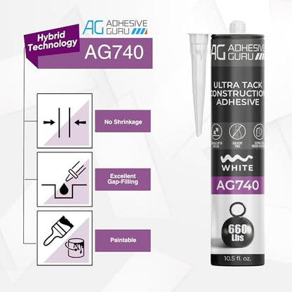 Adhesive Guru AG740 Ultra Tack Hybrid Construction Adhesive (12x10.5 fl oz), Heavy Duty Indoor Outdoor Caulk Sealant, White - 12 Pack - style: 12 Pack