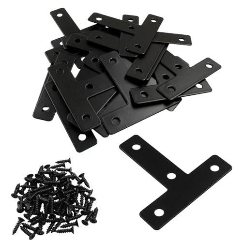 Bivethoi 20 Pcs T Shape Flat Mending Plates 60mm x 60mm (2.36" x 2.36") T Corner Braces T Bracket Connector Fixing Repair Plates for Wood Furniture, Cabinet, Windows, Black - size: 60x60mm/2.36"x2.36", style: T shape