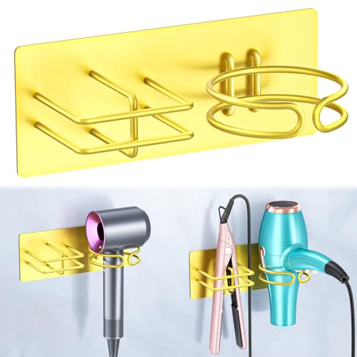 Hair Dryer and Straightener Holder Wall Mounted, Self Adhesive Blow Dryer and Flat Iron Storage Hair Tool Organizer for Bathroom Vanity (Gold) - color: Gold