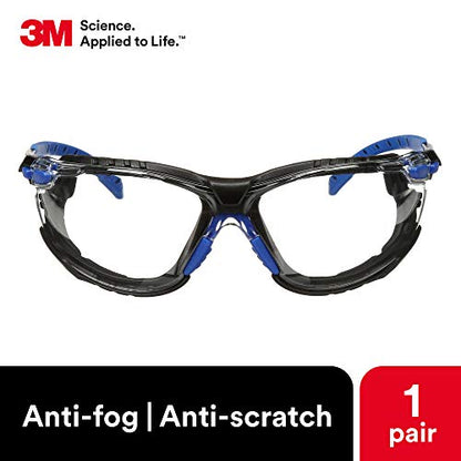 3M Safety Glasses, Solus 1000 Series, ANSI Z87, Scotchgard Anti-Fog, Clear Lens, Blue/Black Frame, Removable Foam Gasket and Strap, Pack of 1 - size: Single, style: Clear Lens, Blue/Black Frame With Gasket