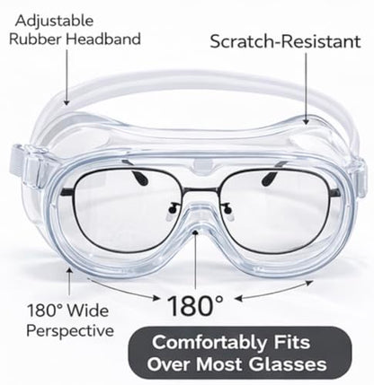 OMWAH Anti-Fog Protective Safety Goggles Clear Lens Wide-Vision Adjustable Splash Eye Protection Soft Lightweight Eyewear