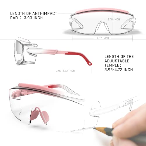 Anti Fog Safety Glasses Safety Goggles Over Glasses Protective Glasses with Anti Scratch Lenses Adjustable - color: 2 Pack (Pink + Grey)