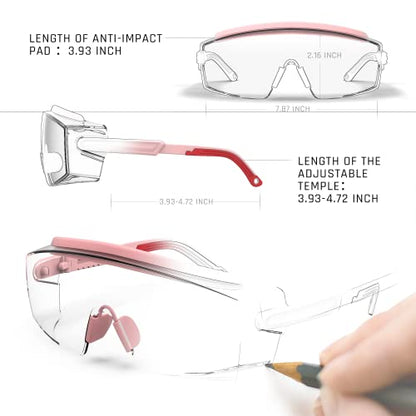 Anti Fog Safety Glasses Safety Goggles Over Glasses Protective Glasses with Anti Scratch Lenses Adjustable - color: 2 Pack (Pink + Grey)