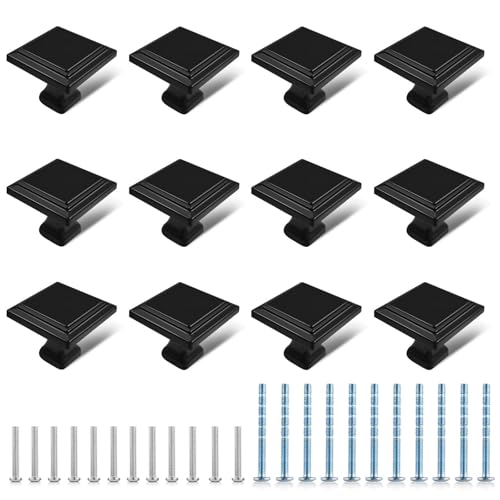 12 Pack Black Matte Cabinet Knobs, Square Drawer Knobs(30mm/1.2 Inch), Durable Dresser Knob with 24 PCS Screws, Pull Handle Hardware Kitchen Door Knobs for Cabinets - color: 12 PCS