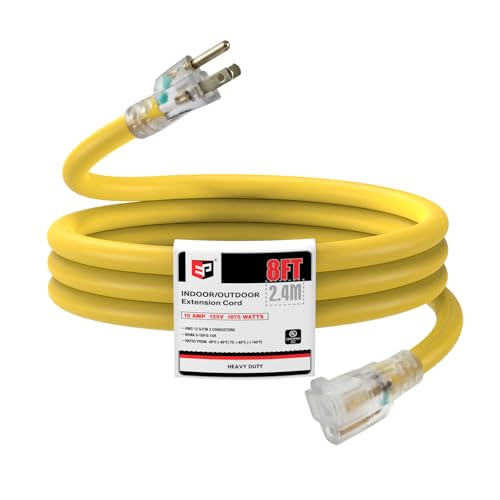EP 8 Ft Lighted Extension Cord - 12/3 SJTW Heavy Duty Yellow Extension Cable with 3 Prong Grounded Plug - Power Cord for Lawn, Garden, Appliances - color: Yellow, size: 8ft